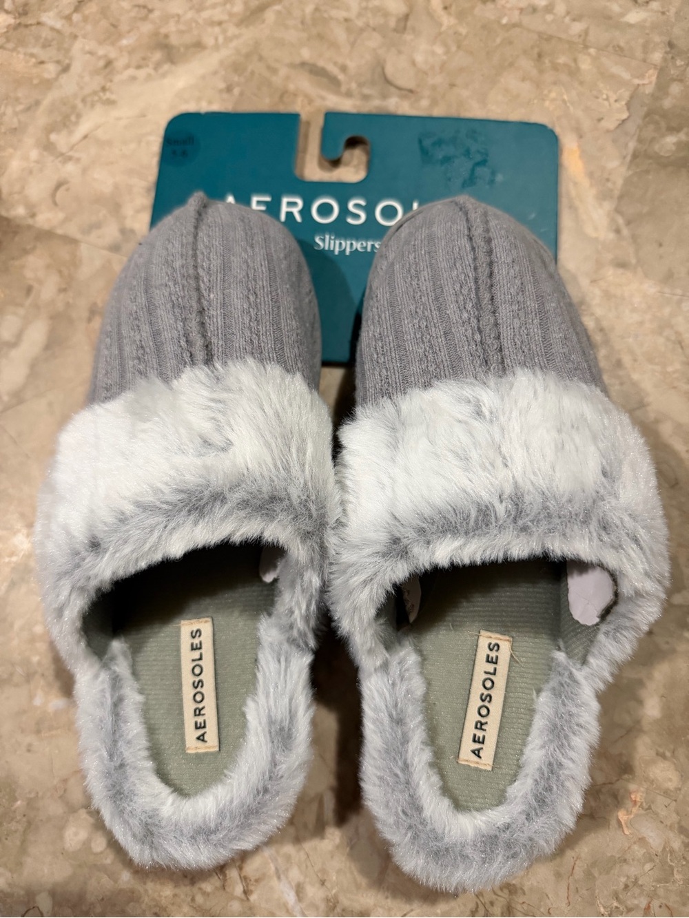 AEROSOLES Light Gray Faux-Fur Knit Slip-On Slippers